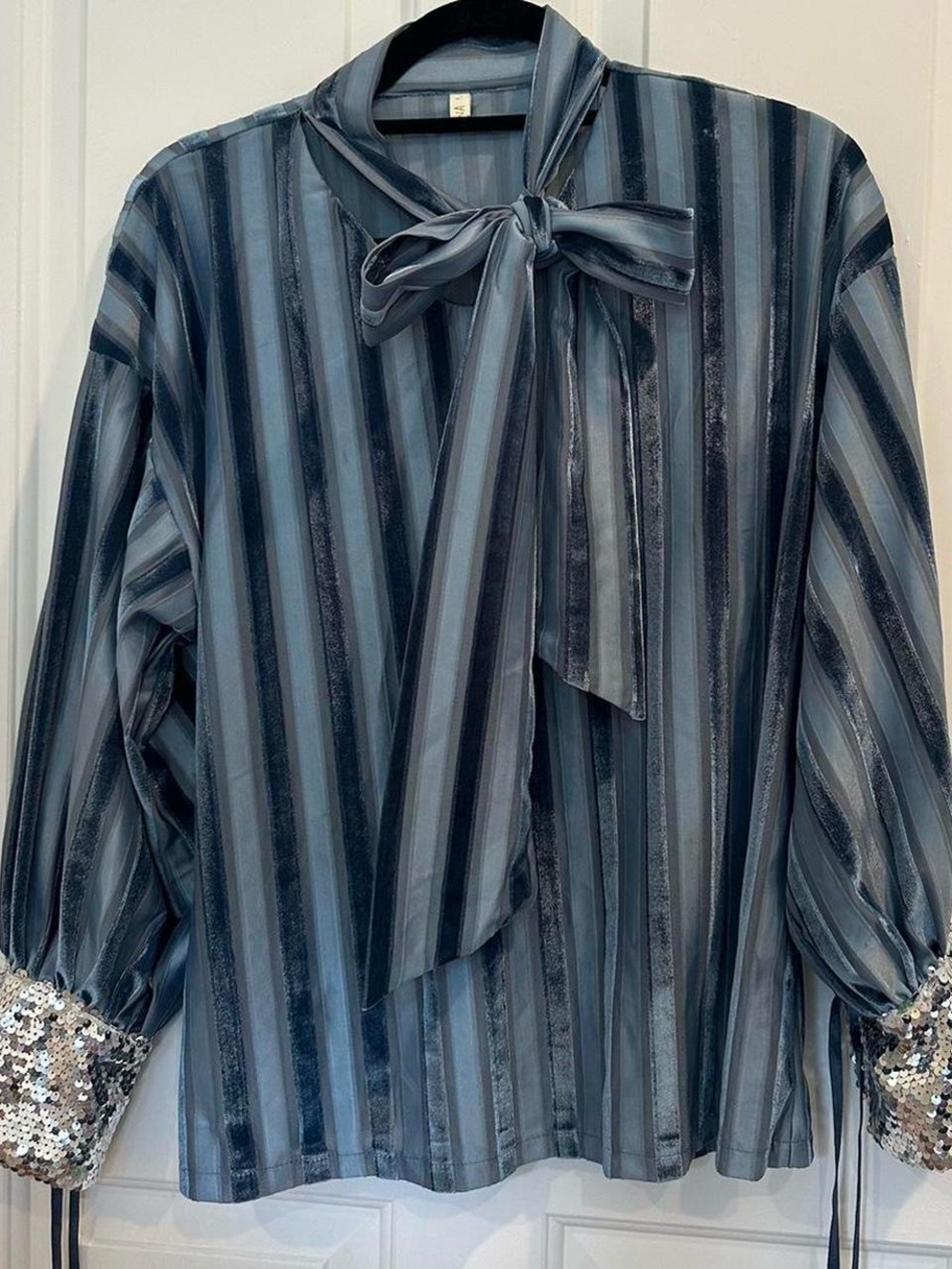 Striped Bow Tie Blouse with Sequin Cuffs